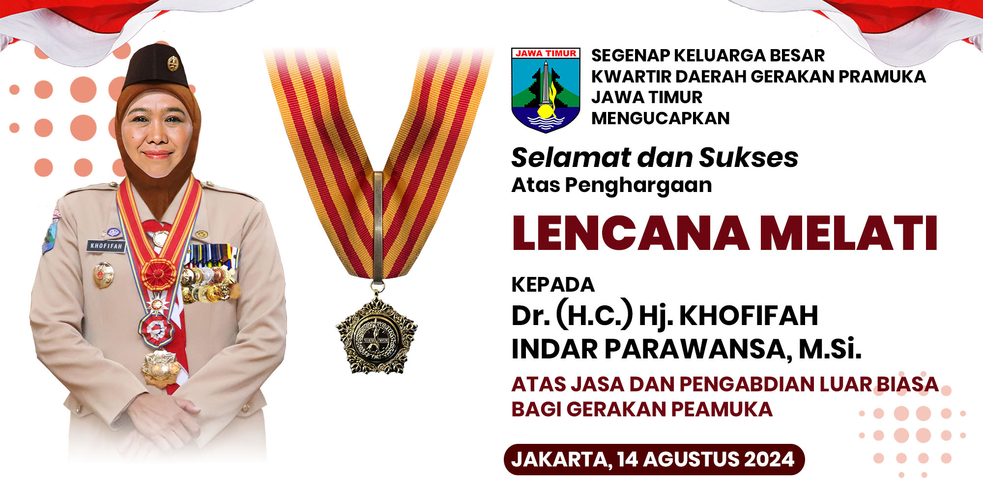 Kak Khofifah Indar Parawansa Mendapatkan Lencana Melati dari Kwarnas